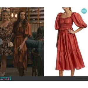 NWT Sea New York Kyle 100% Silk Gathered Puff Sleeve Midi Dress Orange Small